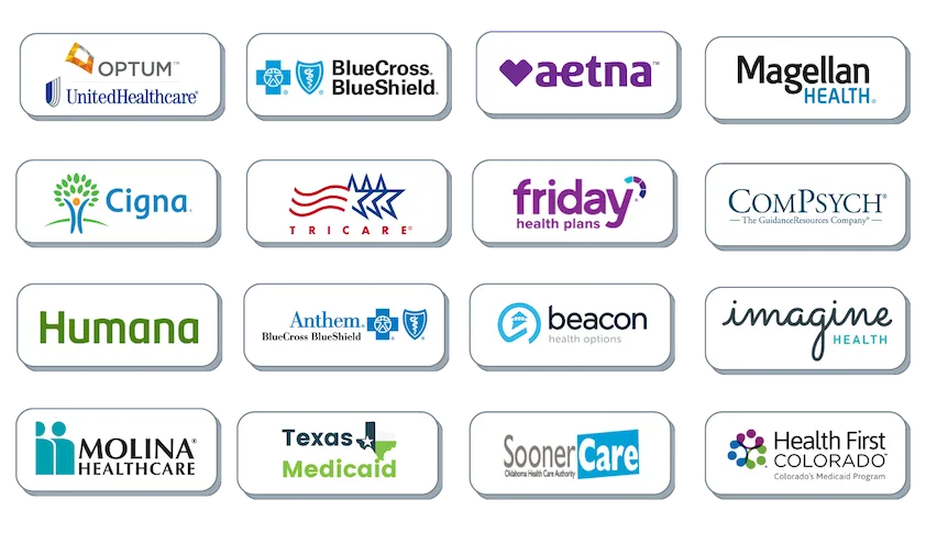 A grid displaying the logos of insurance providers, including: Optum United Healthcare, BlueCross BlueShield, aetna, Magellan Health, Cigna, Tricare, friday health plans, ComPsych, Humana, Anthem, beacon health options, imagine health, Molina Healthcare, Texas Medicaid, Sooner Care, Health First Colorado