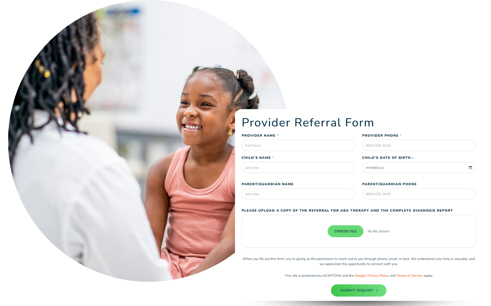 a little girl is smiling next to a provider referral form