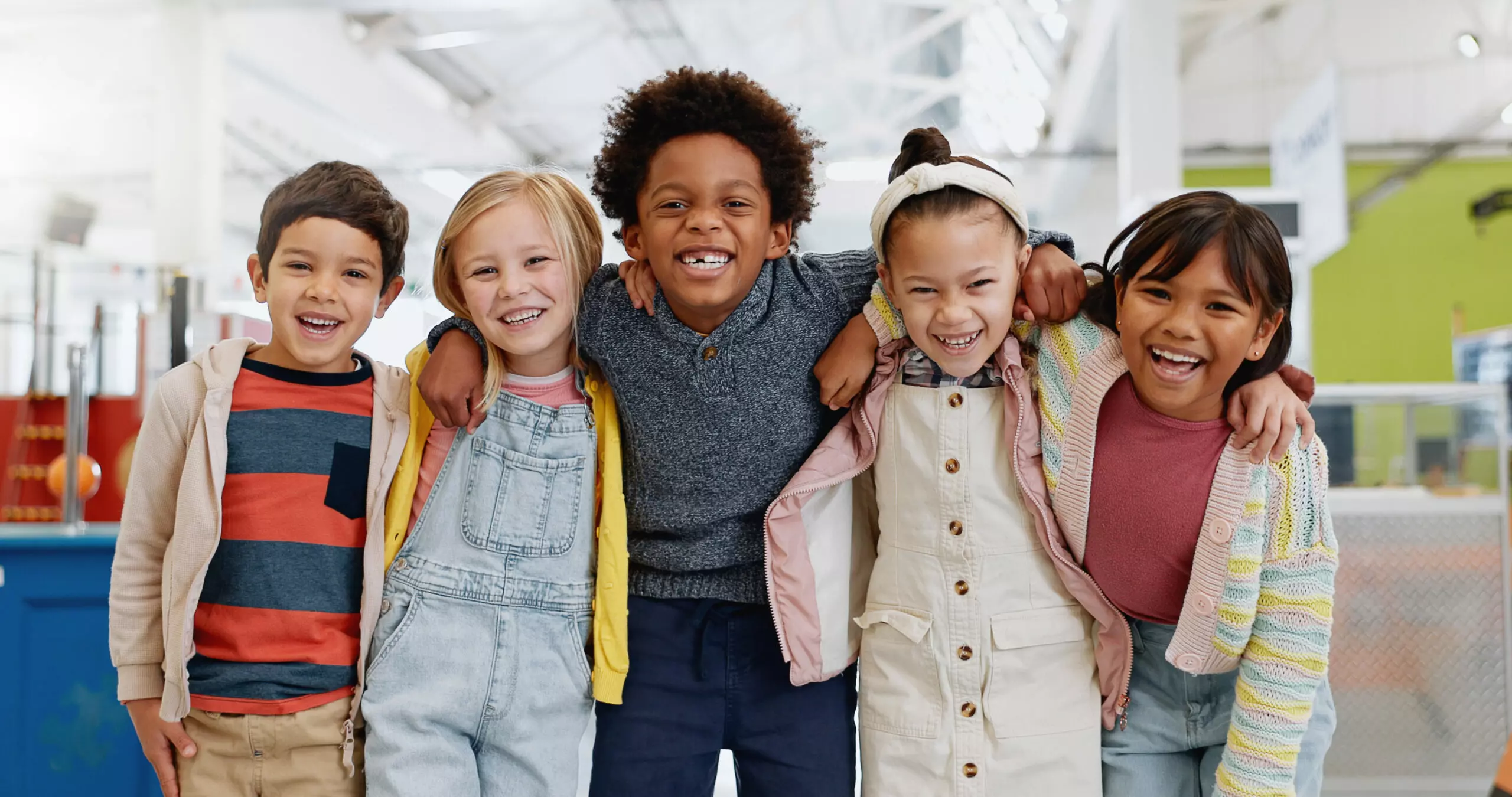 portrait and group of children with happiness at convention